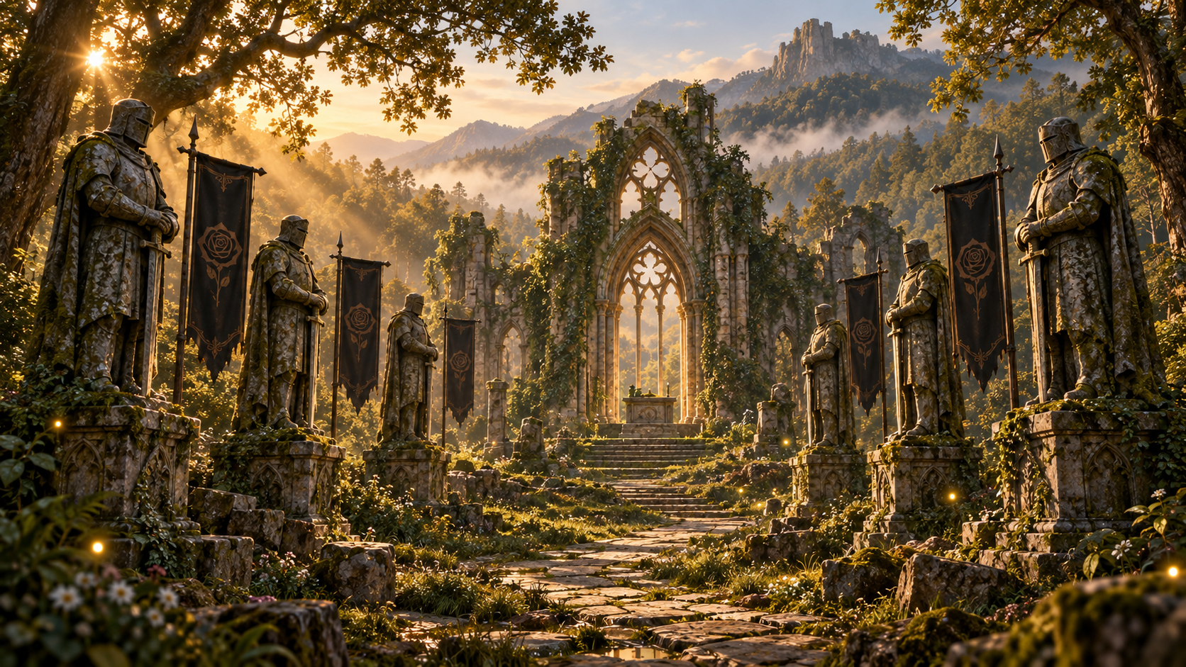 La Orden de los Guardianes del Edén reunida ante las ruinas del templo sagrado